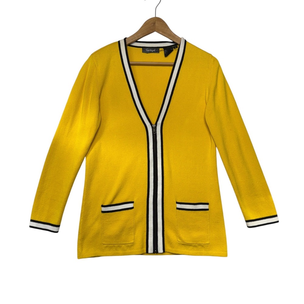 Spiegel Vintage Yellow Zip Front Cardigan Sweater Striped Trim Cotton Womens‎ S